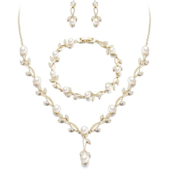Elegant Bridal Pearl Necklace and Earrings Set with Cubic Zirconia for Weddings - Picture 1 of 6
